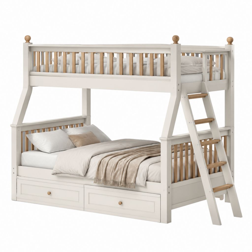 Lit superposé enfant blanc en pin massif 90 x 190 cm et 140 x 190 cm avec échelle et tiroirs 200 x 150 x 170 cm