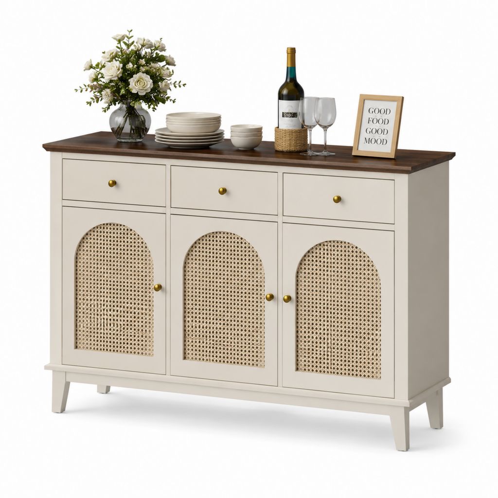 Buffet de salle à manger 3 portes 3 tiroirs ivoire et noyer en MDF avec cannage 140 x 40 x 90 cm