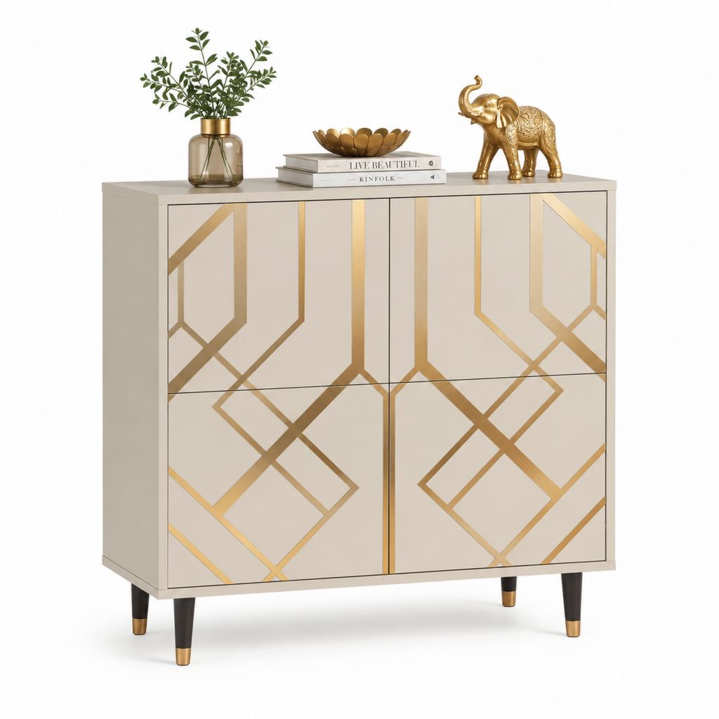 Buffet 4 portes beige et doré en panneaux MDF 100 x 40 x 90 cm