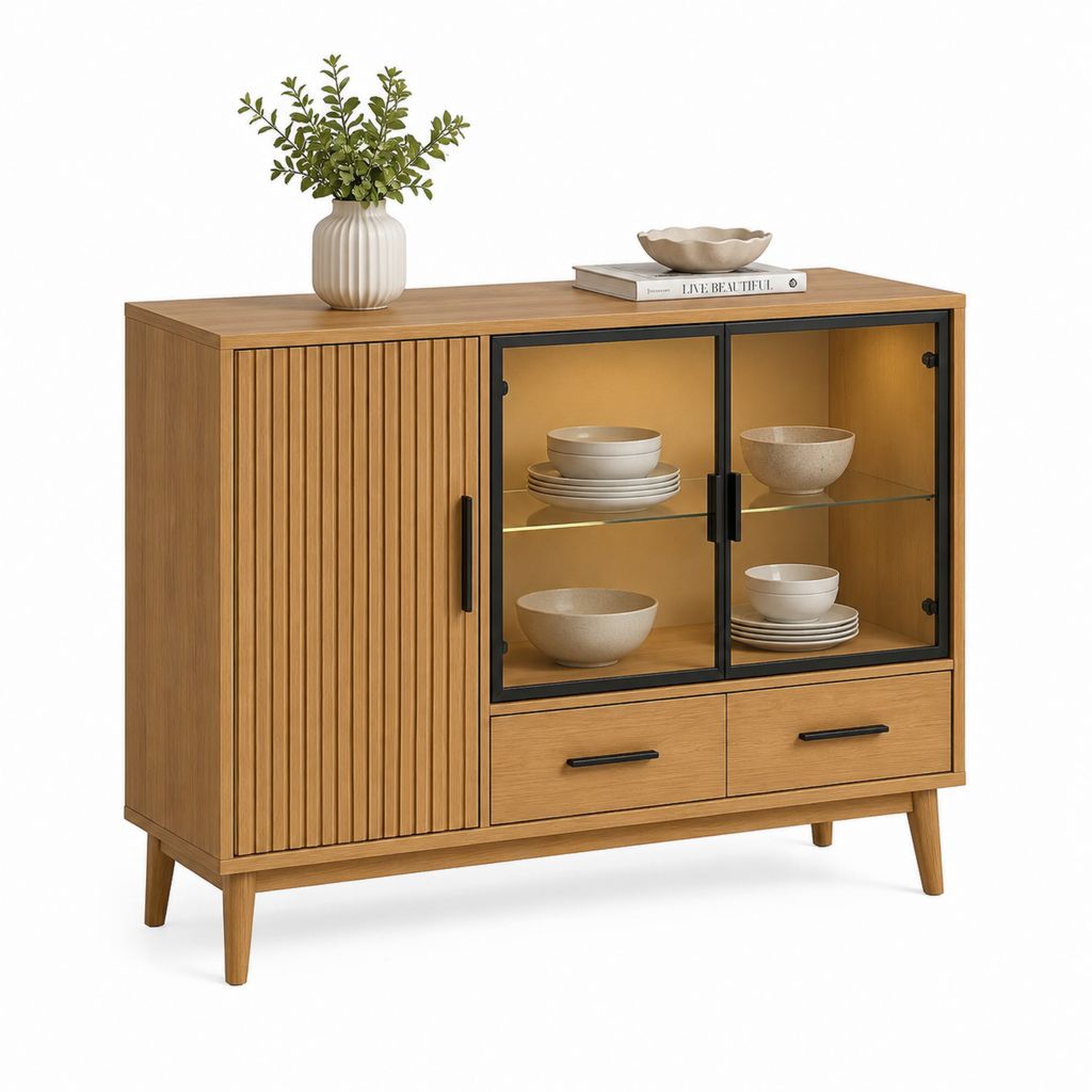 Buffet vaisselier rectangulaire chêne naturel et noir en MDF et verre 120 x 40 x 100 cm