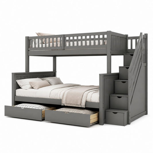 Lit superposé enfant gris en pin massif avec escalier à rangements 90 x 190 cm et lit double 140 x 190 cm