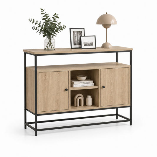 Buffet rectangulaire de salle à manger 120 x 40 x 100 cm chêne clair panneaux de particules et acier noir