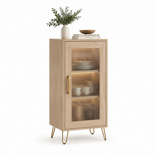 Buffet vitrine rectangulaire 1 porte en panneaux de particules décor chêne clair avec verre strié 60 x 40 x 120 cm