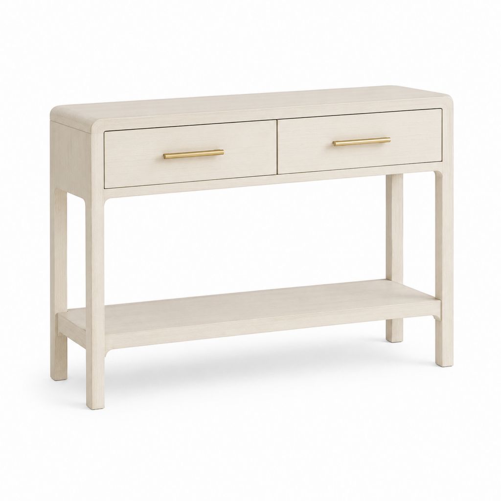 Console d'entrée rectangulaire beige en MDF effet frêne avec 2 tiroirs 120 x 35 x 80 cm