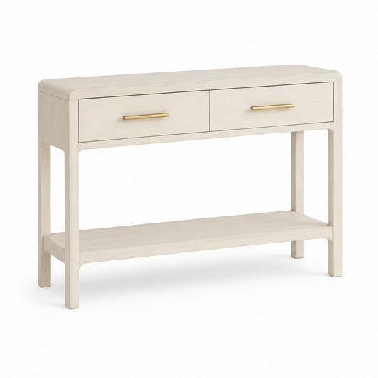 Console d'entrée rectangulaire beige en MDF effet frêne avec 2 tiroirs 120 x 35 x 80 cm