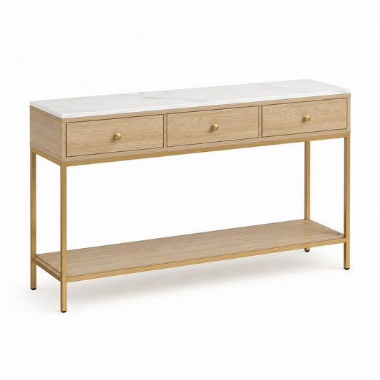 Console d'entrée avec 3 tiroirs beige et doré en MDF plaqué chêne et acier 120 x 35 x 80 cm