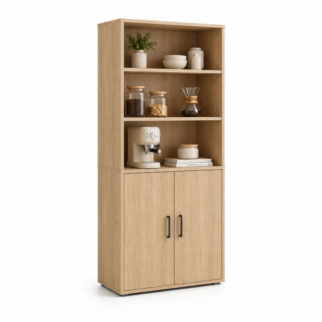 Buffet vaisselier 2 portes avec étagères ouvertes chêne clair en panneaux de particules 80 x 40 x 180 cm
