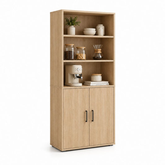 Buffet vaisselier 2 portes avec étagères ouvertes chêne clair en panneaux de particules 80 x 40 x 180 cm