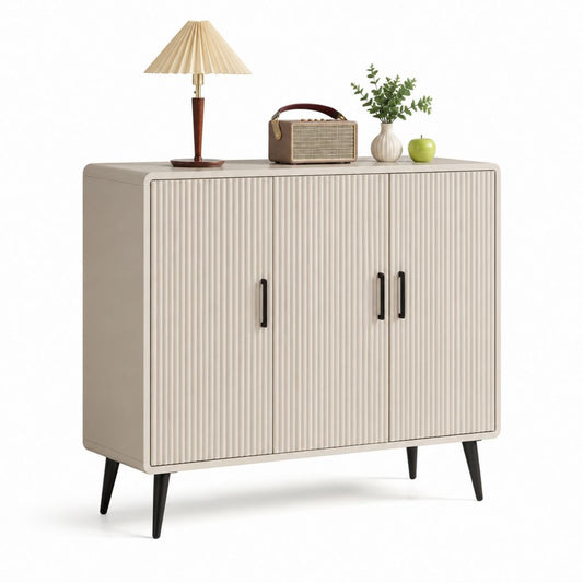 Buffet bas 3 portes beige en MDF rainuré 120 x 40 x 85 cm