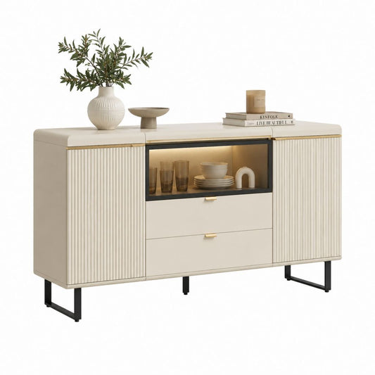 Buffet de salle à manger rectangulaire beige en MDF et verre trempé 140 x 40 x 85 cm