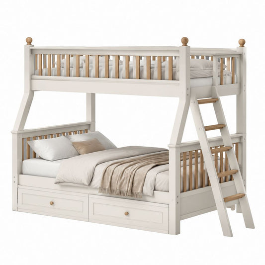 Lit superposé enfant blanc en pin massif 90 x 190 cm et 140 x 190 cm avec échelle et tiroirs 200 x 150 x 170 cm