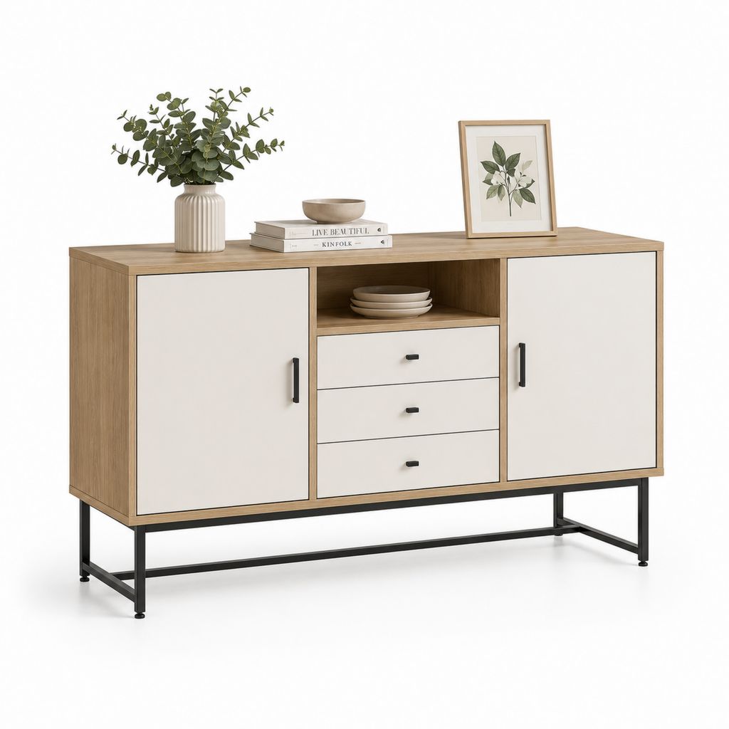 Buffet de salle à manger 140 x 40 x 80 cm beige et chêne en panneaux de particules avec 2 portes 3 tiroirs et niche ouverte