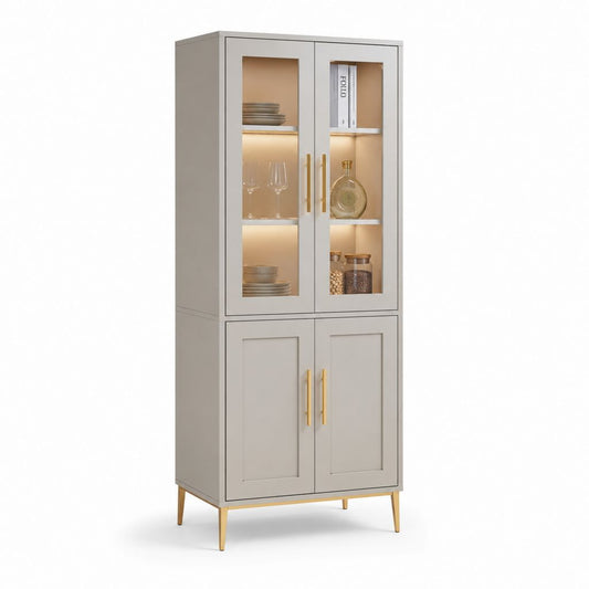 Vaisselier vitré 4 portes gris beige en MDF et verre trempé 80 x 40 x 180 cm