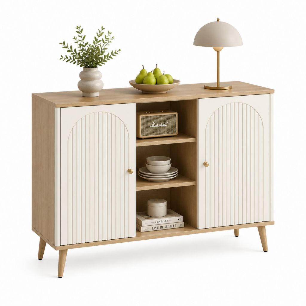 Buffet de rangement 2 portes blanc et chêne en panneaux MDF 120 x 40 x 90 cm