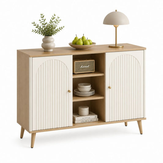 Buffet de rangement 2 portes blanc et chêne en panneaux MDF 120 x 40 x 90 cm