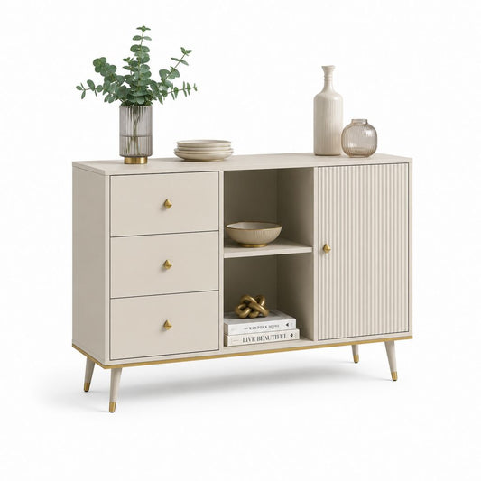 Buffet bas rectangulaire crème en MDF 120 x 40 x 80 cm avec 3 tiroirs et porte