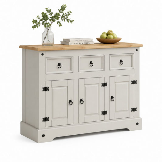 Buffet de salle à manger 3 portes 3 tiroirs blanc et chêne 150 x 45 x 90 cm