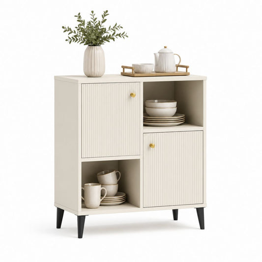 Buffet de salle à manger crème en panneaux MDF et particules 90 x 40 x 100 cm avec 2 portes et niches ouvertes