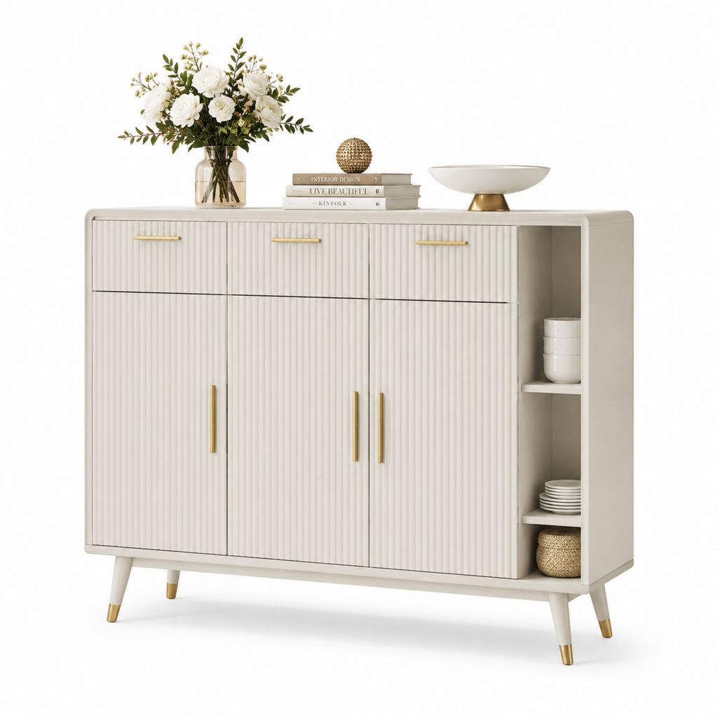 Buffet de salle à manger blanc cassé en MDF laqué rectangulaire 160 x 40 x 90 cm