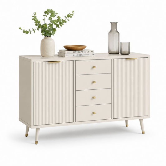 Buffet de salle à manger rectangulaire crème en panneaux MDF 140 x 40 x 80 cm avec 2 portes et 4 tiroirs