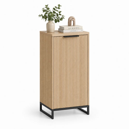 Buffet haut rectangulaire chêne naturel noir en panneaux de particules MDF et acier 60 x 40 x 110 cm