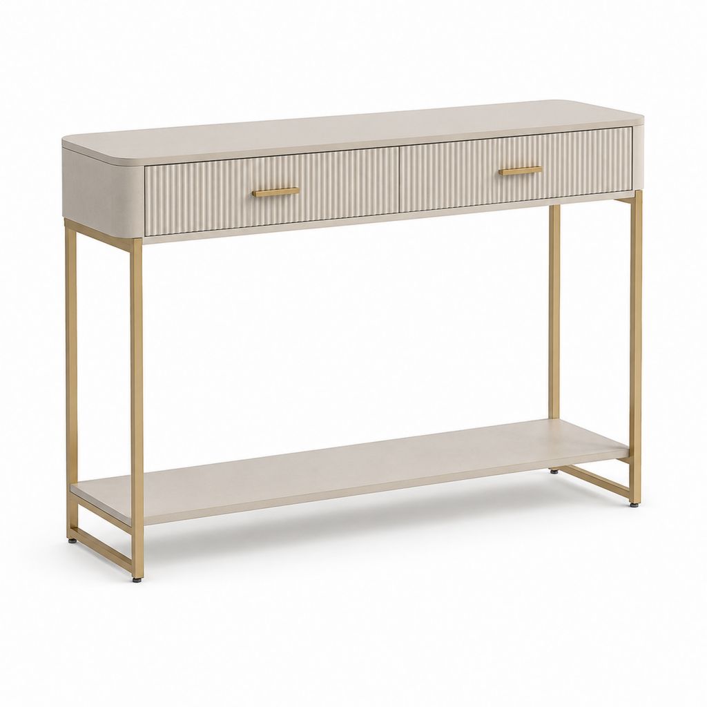 Console d'entrée 2 tiroirs beige et doré en MDF et acier 120 x 35 x 80 cm