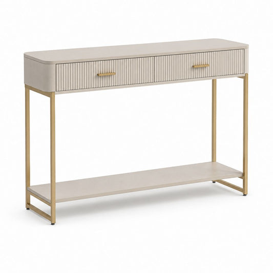 Console d'entrée 2 tiroirs beige et doré en MDF et acier 120 x 35 x 80 cm