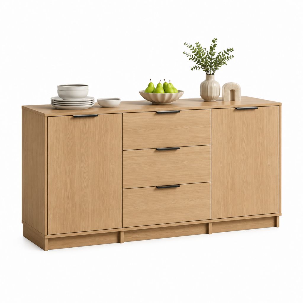 Buffet de salle à manger rectangulaire 2 portes 3 tiroirs chêne clair en panneaux de particules 160 x 40 x 90 cm