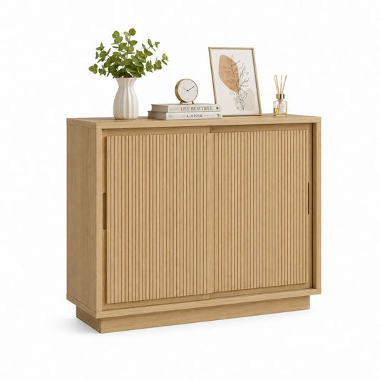 Buffet à portes coulissantes chêne naturel en MDF plaqué chêne rectangulaire 120 x 40 x 85 cm