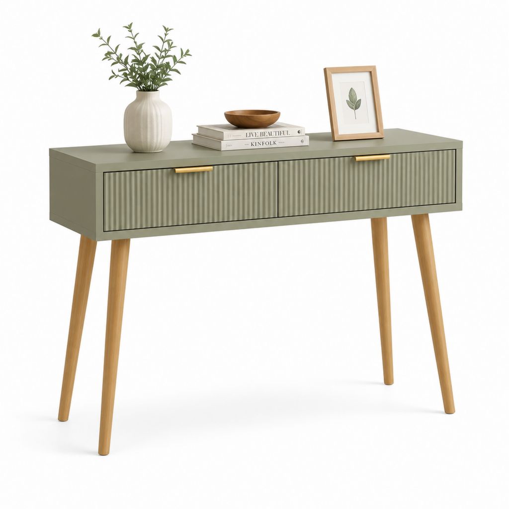 Console d'entrée vert olive en MDF avec 2 tiroirs et pieds en bois d'hévéa 120 x 40 x 80 cm
