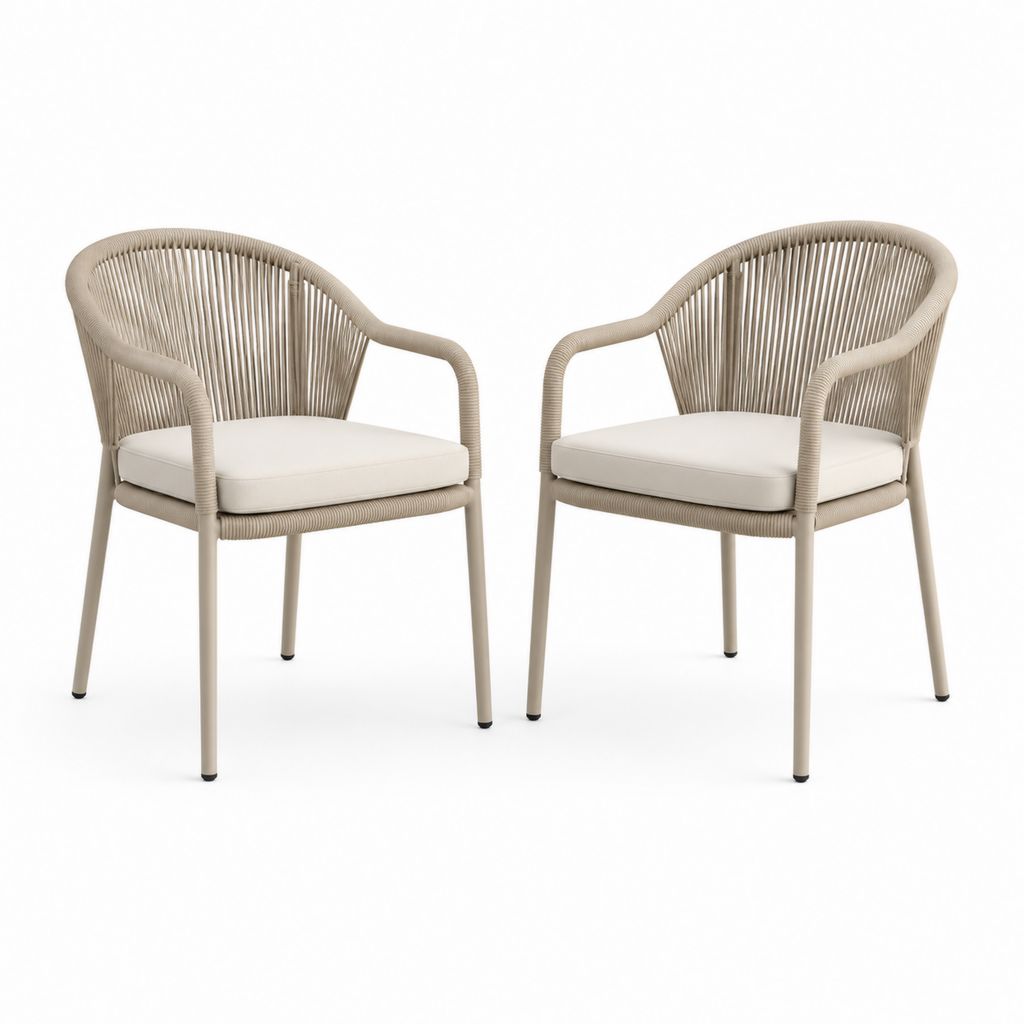 Lot de 2 fauteuils de jardin beige en acier et corde PE avec coussins 62 x 60 x 79 cm