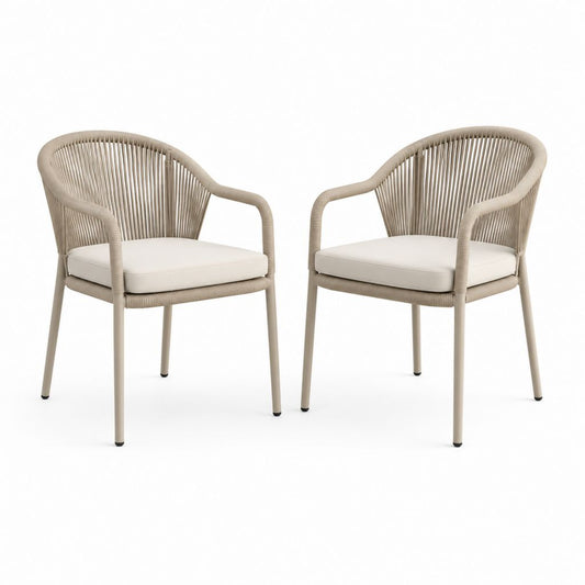 Lot de 2 fauteuils de jardin beige en acier et corde PE avec coussins 62 x 60 x 79 cm