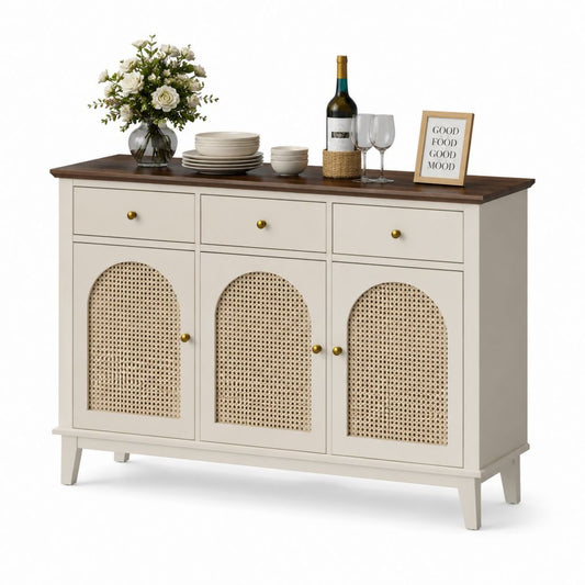 Buffet de salle à manger 3 portes 3 tiroirs ivoire et noyer en MDF avec cannage 140 x 40 x 90 cm