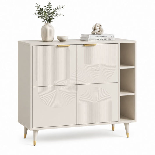 Buffet de rangement 4 portes blanc cassé en MDF 120 x 40 x 90 cm avec étagères latérales