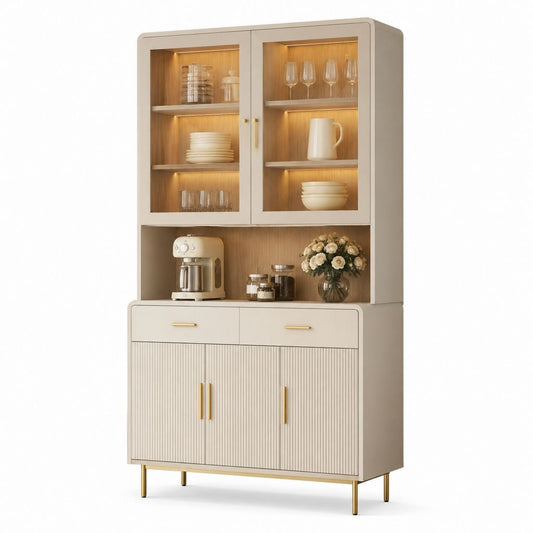 Buffet vaisselier 3 portes beige en panneaux MDF et verre 90 x 40 x 180 cm