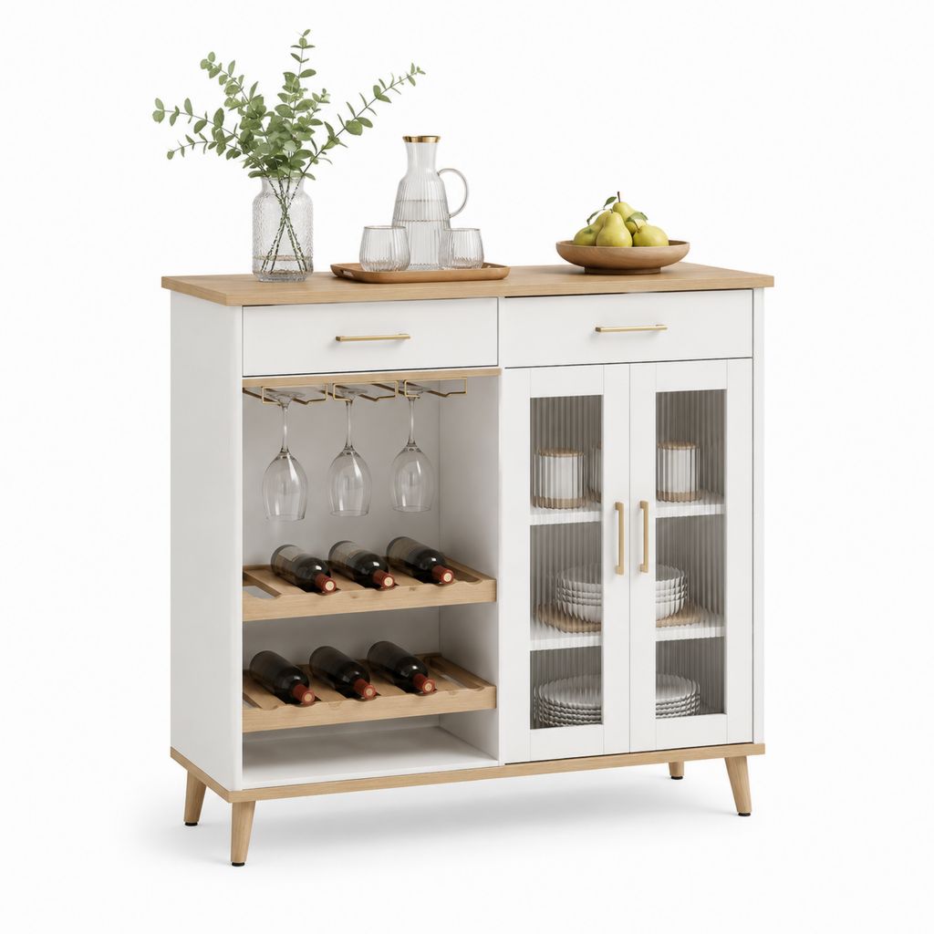 Buffet vaisselier rectangulaire avec porte-verres et casier à bouteilles blanc et chêne en MDF 120 x 40 x 100 cm