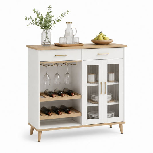 Buffet vaisselier rectangulaire avec porte-verres et casier à bouteilles blanc et chêne en MDF 120 x 40 x 100 cm